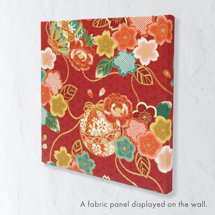 Japanese Fabric Panel – Floral Temari Balls, maple leaves & Sakura blossoms pattern, traditional wall art