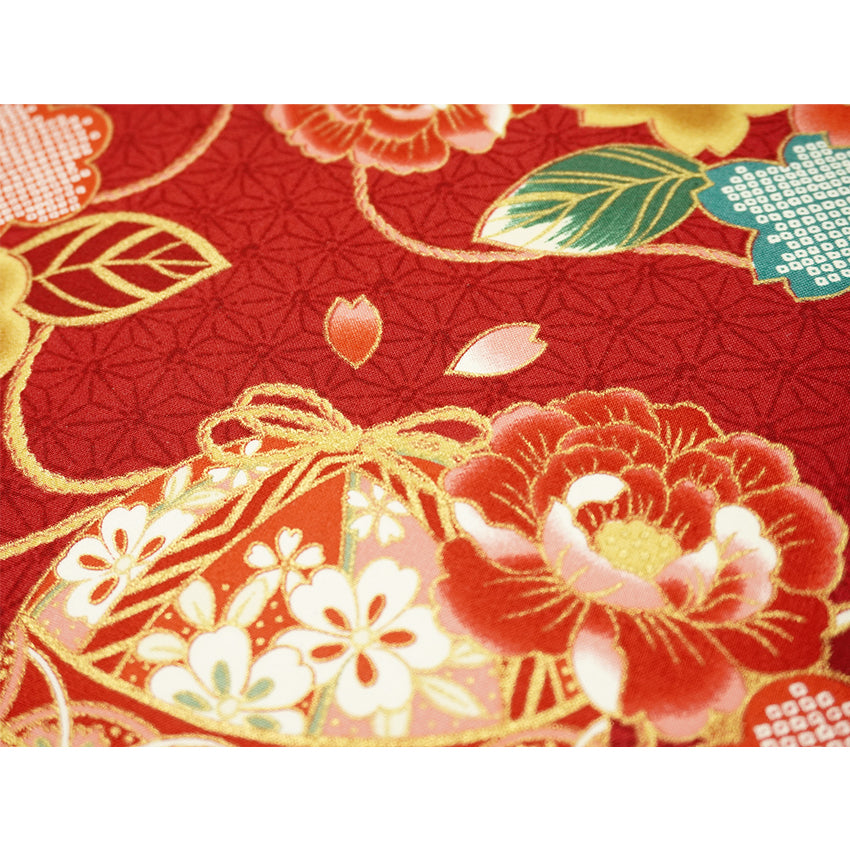 Japanese Fabric Panel – Floral Temari Balls, maple leaves & Sakura blossoms pattern, traditional wall art