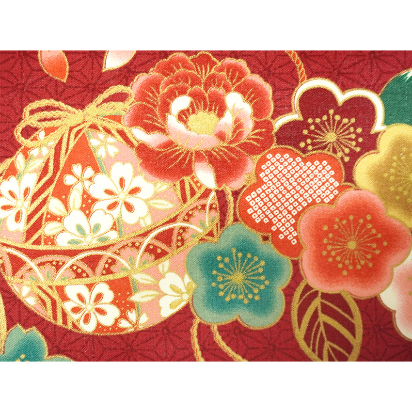 Japanese Fabric Panel – Floral Temari Balls, maple leaves & Sakura blossoms pattern, traditional wall art