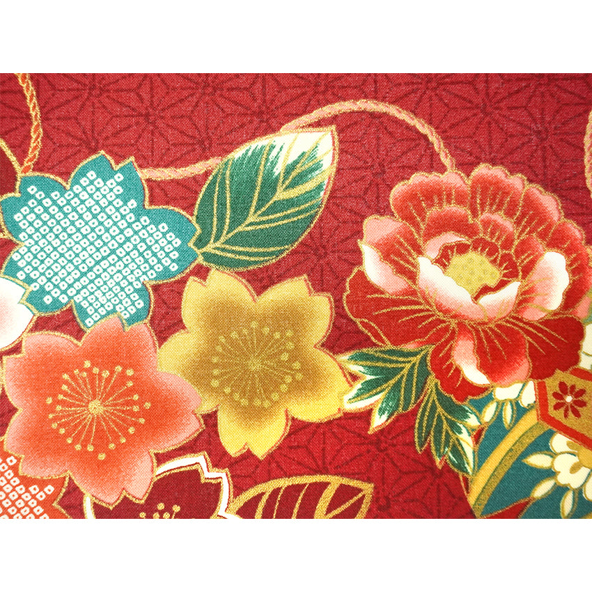 Japanese Fabric Panel – Floral Temari Balls, maple leaves & Sakura blossoms pattern, traditional wall art