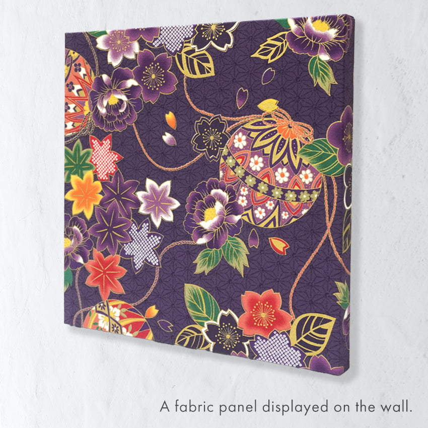 Japanese Fabric Panel – Floral Temari Balls, maple leaves & Sakura blossoms pattern, traditional wall art