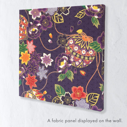 Japanese Fabric Panel – Floral Temari Balls, maple leaves & Sakura blossoms pattern, traditional wall art