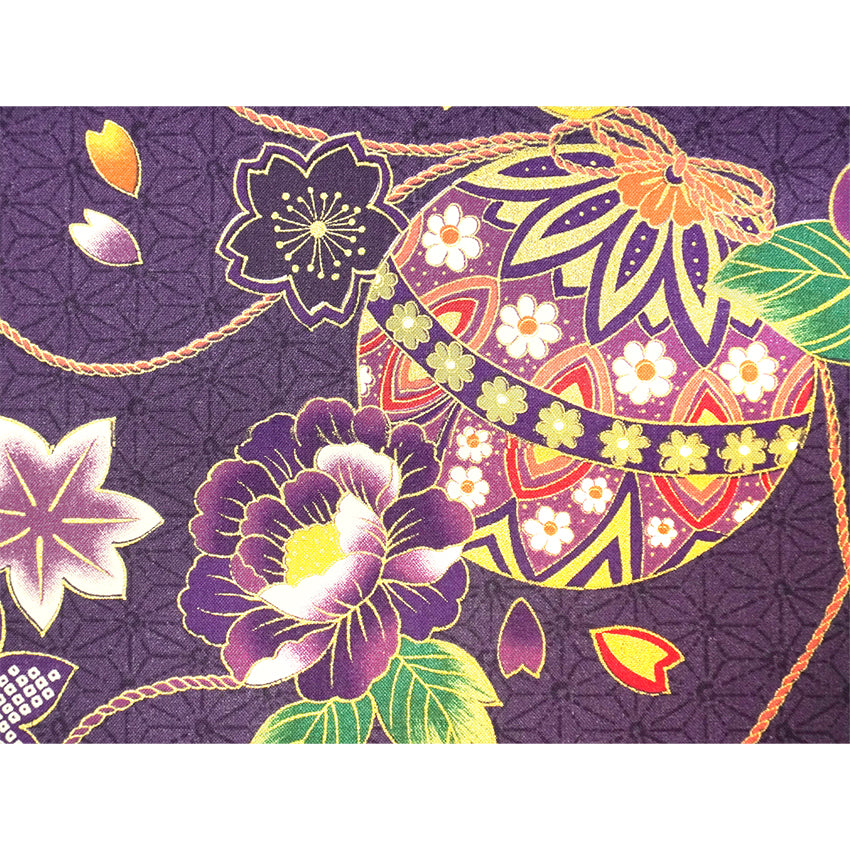 Japanese Fabric Panel – Floral Temari Balls, maple leaves & Sakura blossoms pattern, traditional wall art