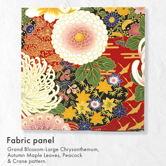 Japanese Fabric Panel – Grand Blossom-Large Chrysanthemum, Autumn Maple Leaves, Peacock & Crane pattern, traditional wall art