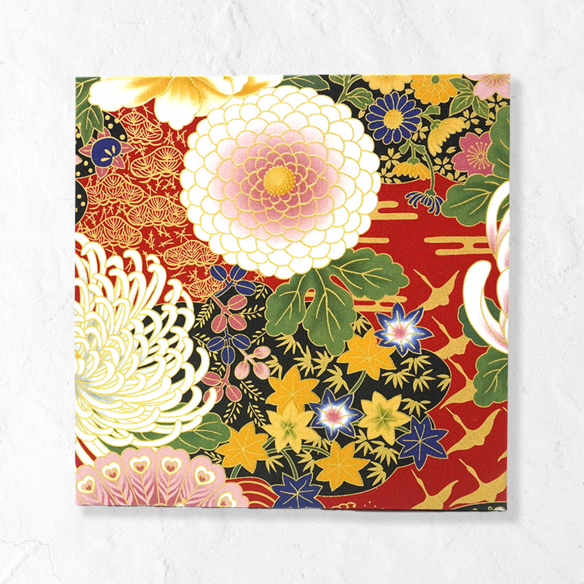 Japanese Fabric Panel – Grand Blossom-Large Chrysanthemum, Autumn Maple Leaves, Peacock & Crane pattern, traditional wall art