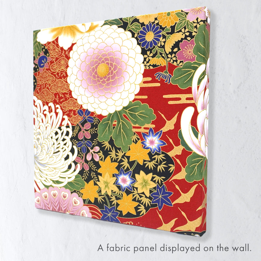Japanese Fabric Panel – Grand Blossom-Large Chrysanthemum, Autumn Maple Leaves, Peacock & Crane pattern, traditional wall art