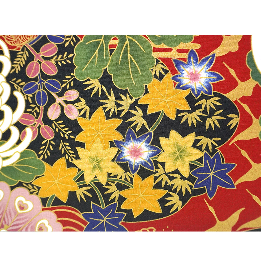 Japanese Fabric Panel – Grand Blossom-Large Chrysanthemum, Autumn Maple Leaves, Peacock & Crane pattern, traditional wall art