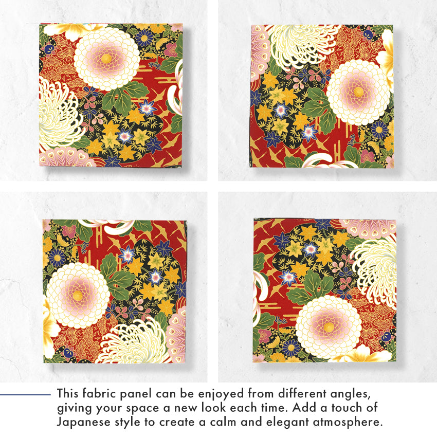 Japanese Fabric Panel – Grand Blossom-Large Chrysanthemum, Autumn Maple Leaves, Peacock & Crane pattern, traditional wall art