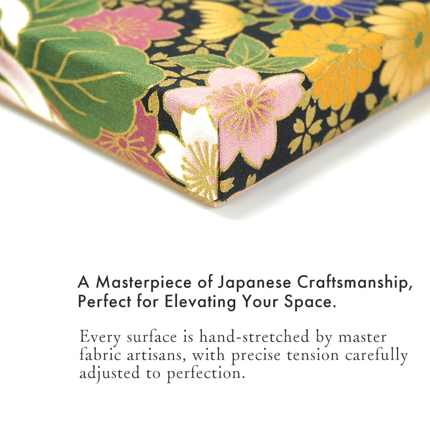 Japanese Fabric Panel – Grand Blossom-Large Chrysanthemum, Autumn Maple Leaves, Peacock & Crane pattern, traditional wall art