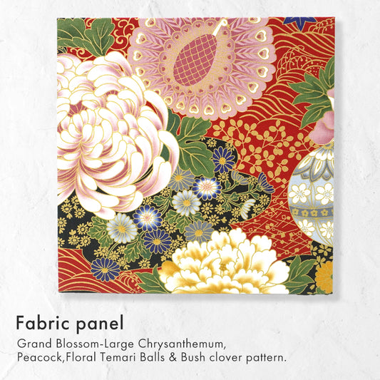 Japanese Fabric Panel – Grand Blossom-Large Chrysanthemum, Peacock, Floral Temari Balls & Bush clover pattern, traditional wall art