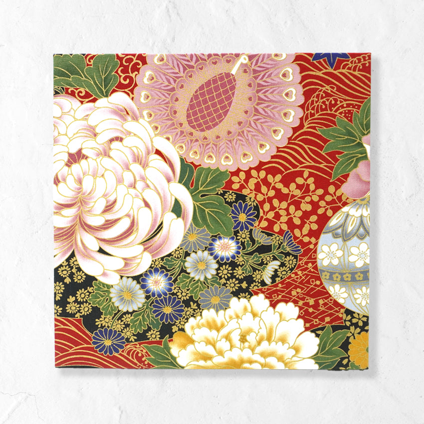 Japanese Fabric Panel – Grand Blossom-Large Chrysanthemum, Peacock, Floral Temari Balls & Bush clover pattern, traditional wall art