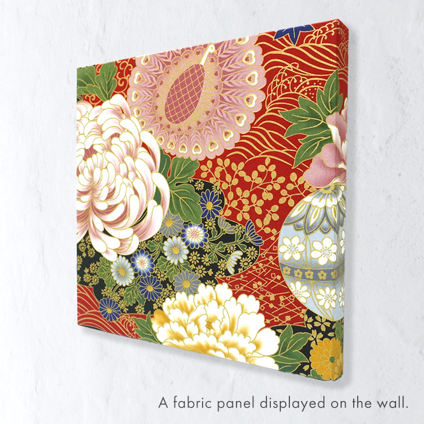 Japanese Fabric Panel – Grand Blossom-Large Chrysanthemum, Peacock, Floral Temari Balls & Bush clover pattern, traditional wall art