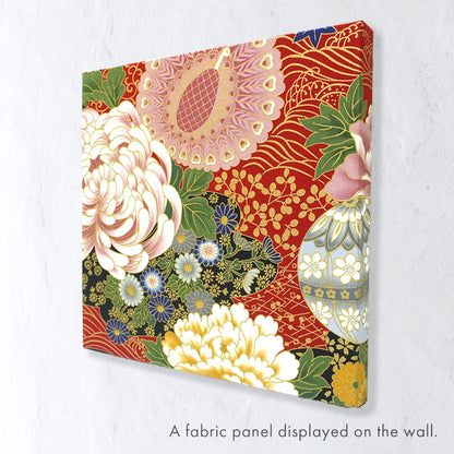 Japanese Fabric Panel – Grand Blossom-Large Chrysanthemum, Peacock, Floral Temari Balls & Bush clover pattern, traditional wall art