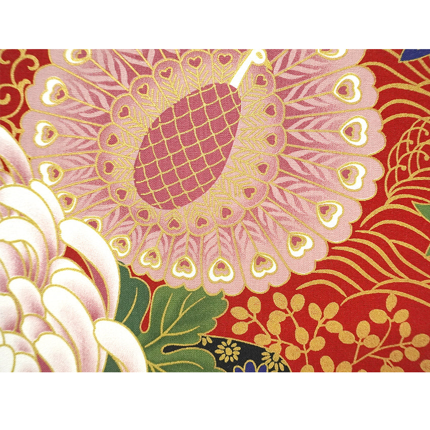 Japanese Fabric Panel – Grand Blossom-Large Chrysanthemum, Peacock, Floral Temari Balls & Bush clover pattern, traditional wall art