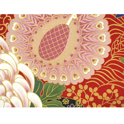Japanese Fabric Panel – Grand Blossom-Large Chrysanthemum, Peacock, Floral Temari Balls & Bush clover pattern, traditional wall art