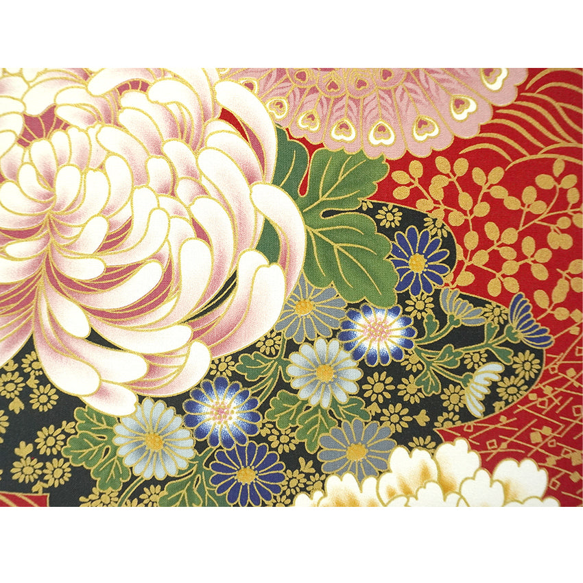 Japanese Fabric Panel – Grand Blossom-Large Chrysanthemum, Peacock, Floral Temari Balls & Bush clover pattern, traditional wall art