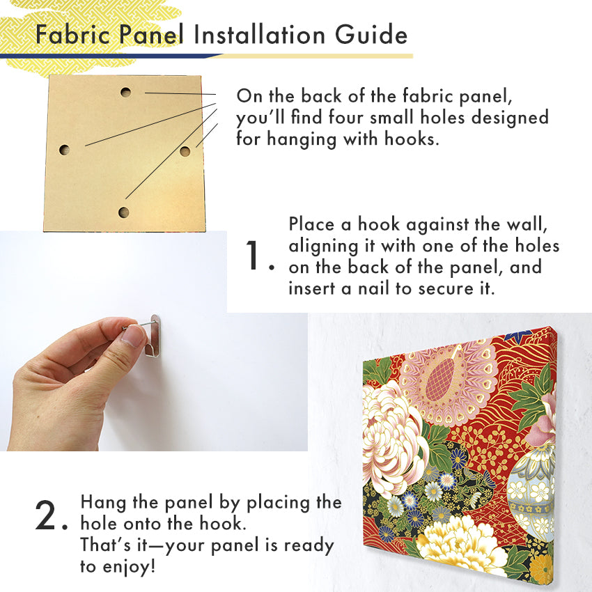 Japanese Fabric Panel – Grand Blossom-Large Chrysanthemum, Peacock, Floral Temari Balls & Bush clover pattern, traditional wall art