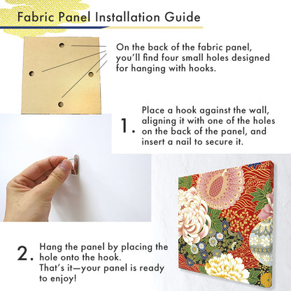 Japanese Fabric Panel – Grand Blossom-Large Chrysanthemum, Peacock, Floral Temari Balls & Bush clover pattern, traditional wall art