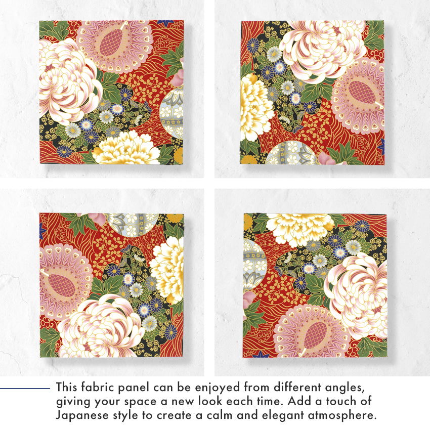 Japanese Fabric Panel – Grand Blossom-Large Chrysanthemum, Peacock, Floral Temari Balls & Bush clover pattern, traditional wall art