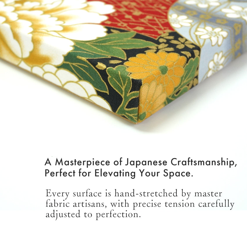 Japanese Fabric Panel – Grand Blossom-Large Chrysanthemum, Peacock, Floral Temari Balls & Bush clover pattern, traditional wall art