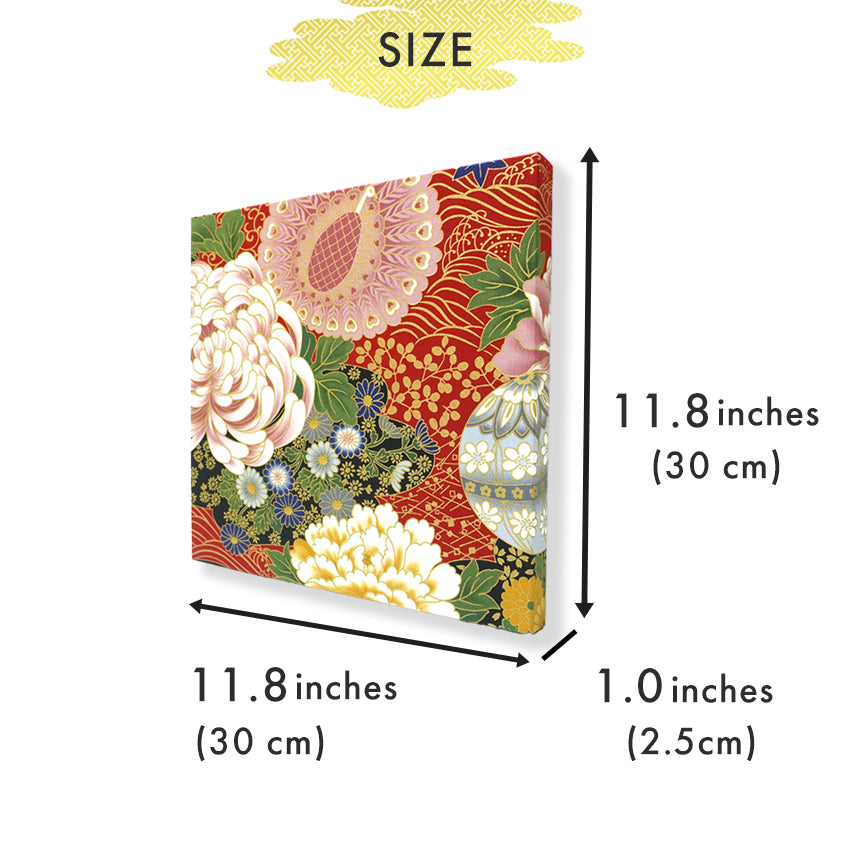 Japanese Fabric Panel – Grand Blossom-Large Chrysanthemum, Peacock, Floral Temari Balls & Bush clover pattern, traditional wall art
