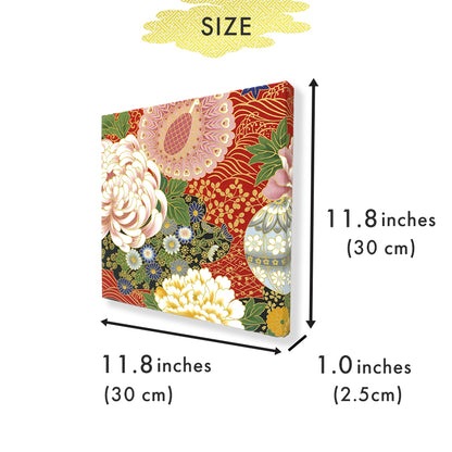 Japanese Fabric Panel – Grand Blossom-Large Chrysanthemum, Peacock, Floral Temari Balls & Bush clover pattern, traditional wall art
