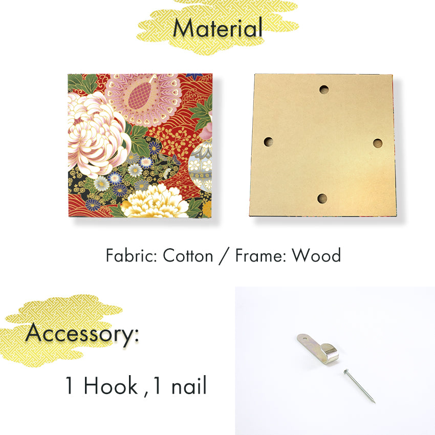 Japanese Fabric Panel – Grand Blossom-Large Chrysanthemum, Peacock, Floral Temari Balls & Bush clover pattern, traditional wall art