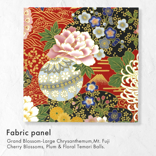 Japanese Fabric Panel – Grand Blossom-Large Chrysanthemum, Mt. Fuji, Sakura Blossoms, Plum & Floral Temari Ball pattern, traditional wall art