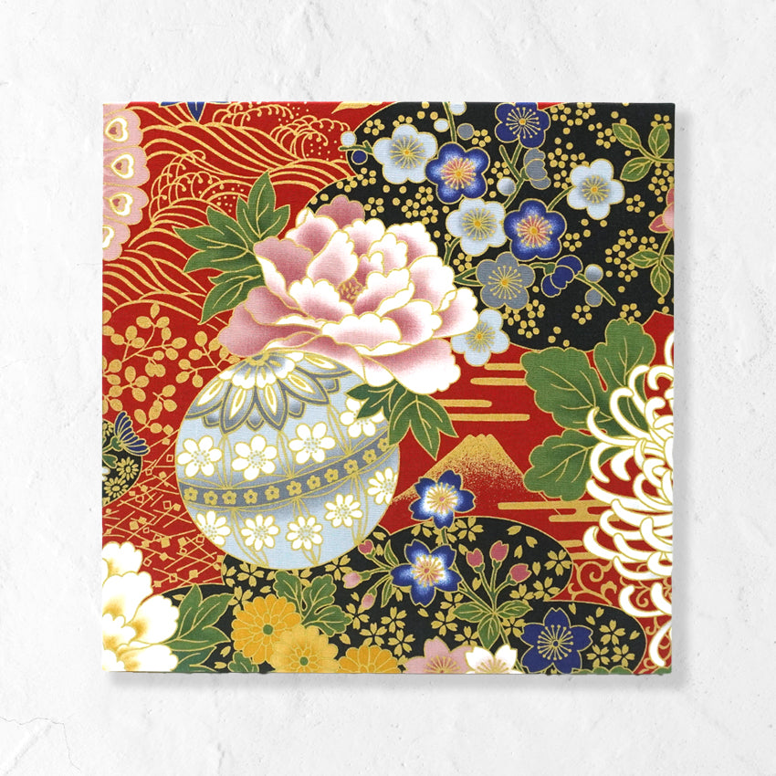 Japanese Fabric Panel – Grand Blossom-Large Chrysanthemum, Mt. Fuji, Sakura Blossoms, Plum & Floral Temari Ball pattern, traditional wall art
