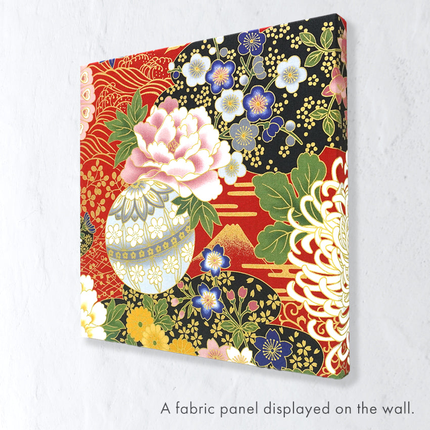 Japanese Fabric Panel – Grand Blossom-Large Chrysanthemum, Mt. Fuji, Sakura Blossoms, Plum & Floral Temari Ball pattern, traditional wall art
