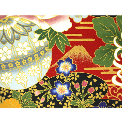 Japanese Fabric Panel – Grand Blossom-Large Chrysanthemum, Mt. Fuji, Sakura Blossoms, Plum & Floral Temari Ball pattern, traditional wall art