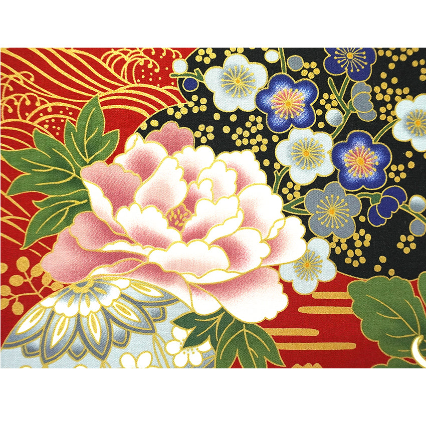 Japanese Fabric Panel – Grand Blossom-Large Chrysanthemum, Mt. Fuji, Sakura Blossoms, Plum & Floral Temari Ball pattern, traditional wall art