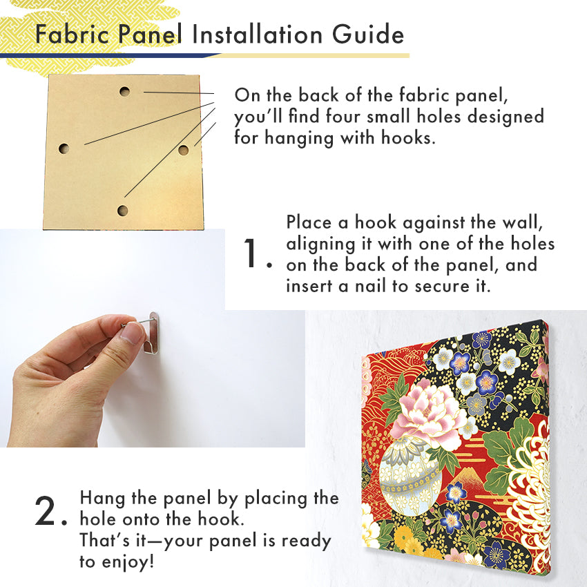 Japanese Fabric Panel – Grand Blossom-Large Chrysanthemum, Mt. Fuji, Sakura Blossoms, Plum & Floral Temari Ball pattern, traditional wall art