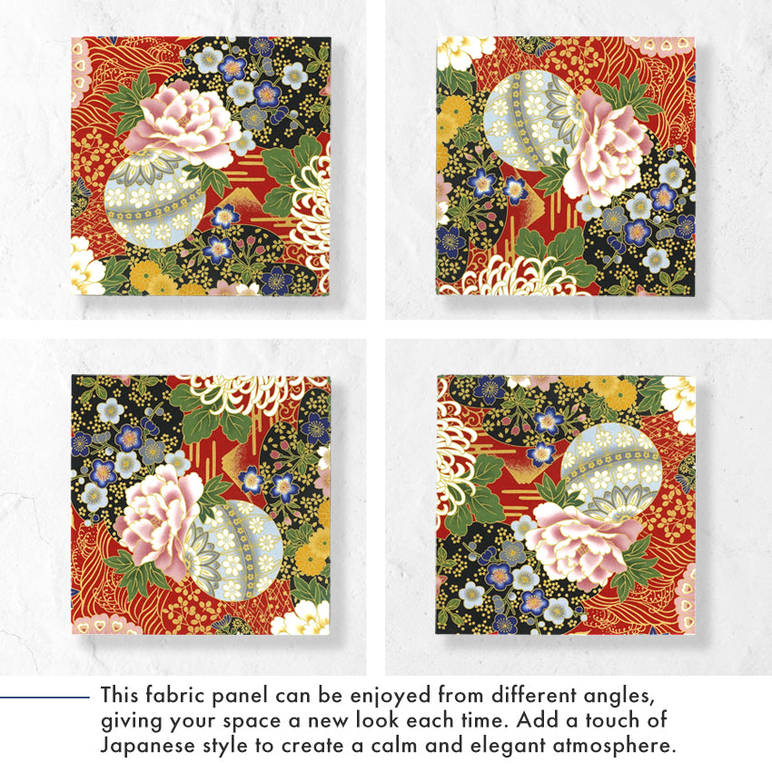Japanese Fabric Panel – Grand Blossom-Large Chrysanthemum, Mt. Fuji, Sakura Blossoms, Plum & Floral Temari Ball pattern, traditional wall art
