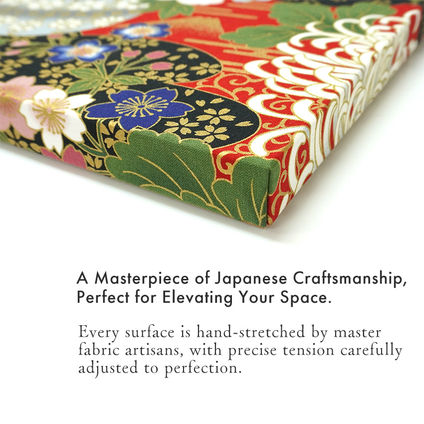 Japanese Fabric Panel – Grand Blossom-Large Chrysanthemum, Mt. Fuji, Sakura Blossoms, Plum & Floral Temari Ball pattern, traditional wall art