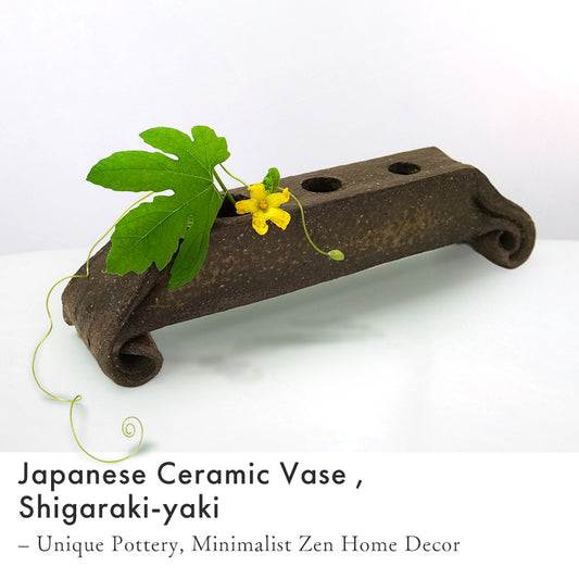 Japanese Pottery Horizontal Flower frog vase, Brown-black, Shigaraki-yaki – Handmade Ceramic Art, Wabi-Sabi Minimalist Decor