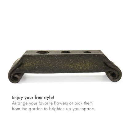 Japanese Pottery Horizontal Flower frog vase, Brown-black, Shigaraki-yaki – Handmade Ceramic Art, Wabi-Sabi Minimalist Decor