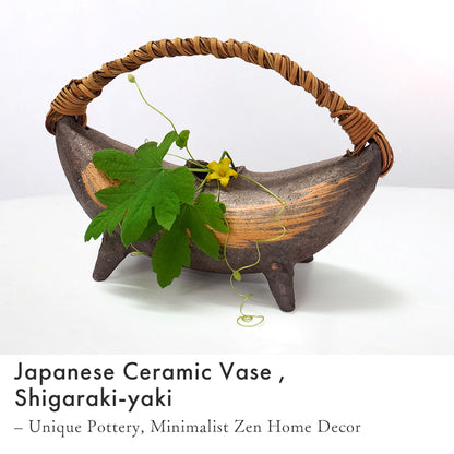 Japanese Pottery Crescent Flower Vase with Vine, Brown-black, Shigaraki-yaki – Handmade Ceramic Art, Wabi-Sabi Minimalist Decor