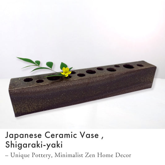 Japanese Pottery Flower frog vase, Brown-black, Shigaraki-yaki – Handmade Ceramic Art, Wabi-Sabi Minimalist Decor