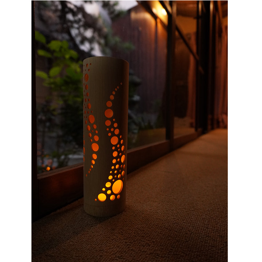 Bamboo Ambient Lamp  ”Nami Wave” – Japanese Handcrafted Zen Decor, Natural Bamboo Mood Lantern with LED Candle