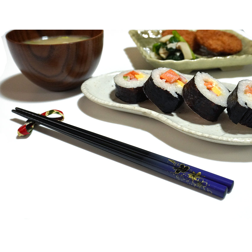 Maple & Sakura Japanese Chopsticks – Blue & Red base, Natural bamboo, Lightweight & Non-Slip – Traditional Japanese utensils